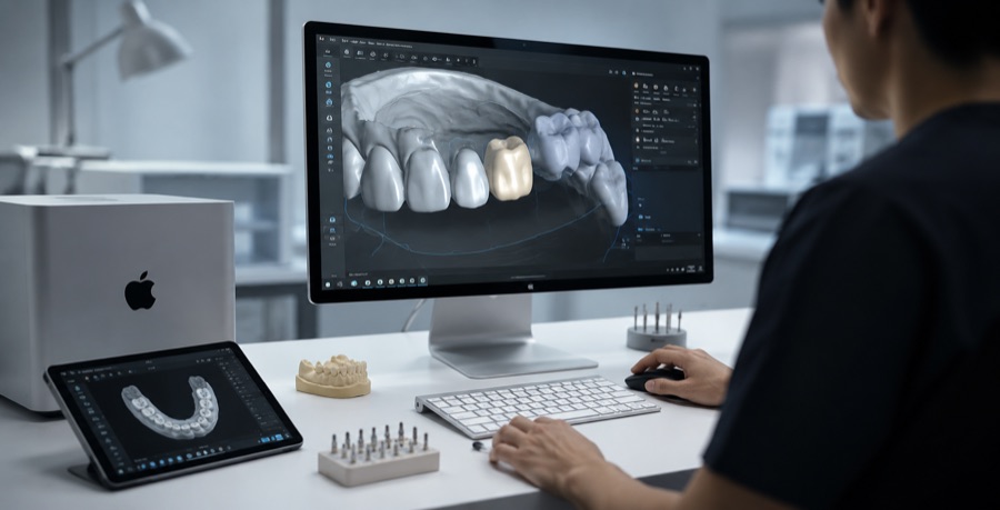 A dental CAD workstation with a restoration on screen