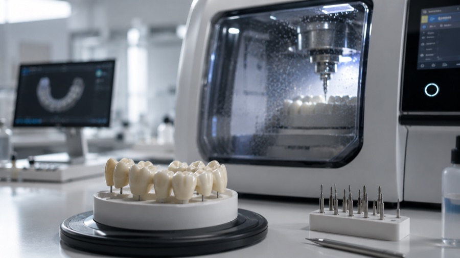 A milling unit running in a dental laboratory