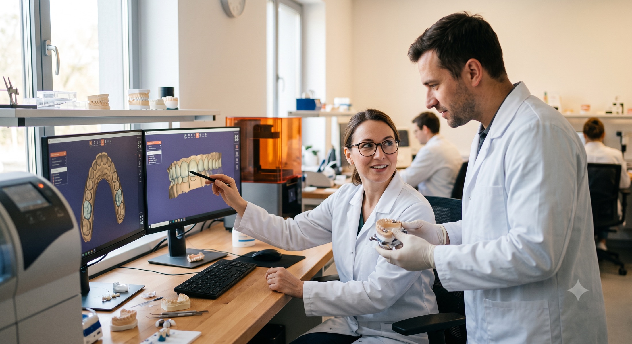 Two dental technicians reviewing a restoration design on screen in a laboratory