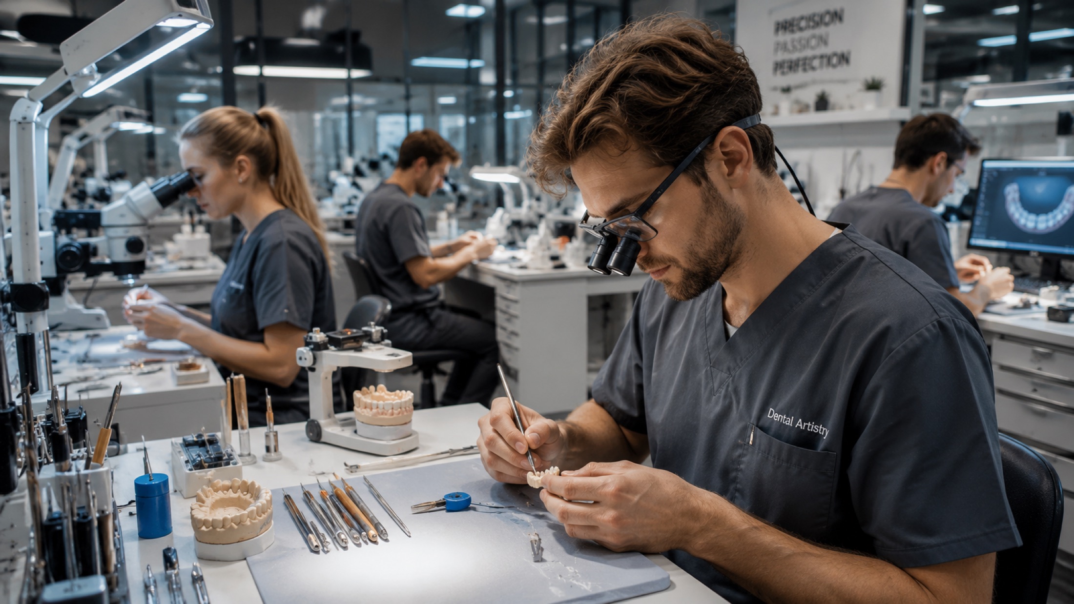 A dental technician working at a laboratory bench